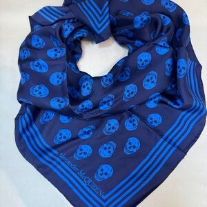 New Alexander McQueen Navy Blue Silk Skull Scarf